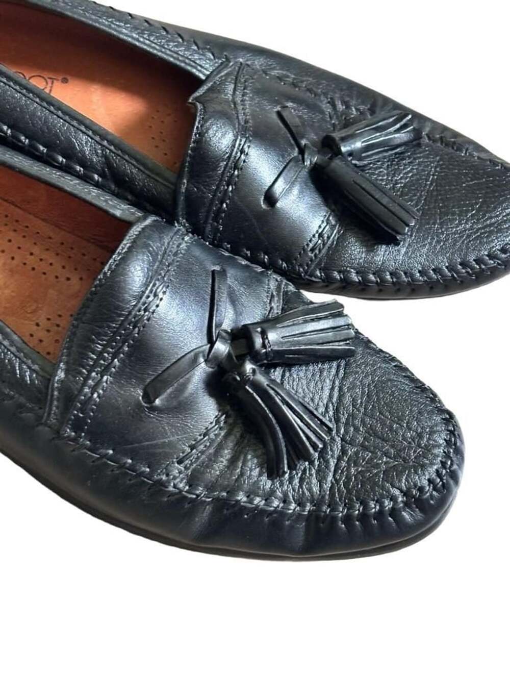 Brass Boot Tassel Loafers Size 10 Black Leather Slip On Shoes